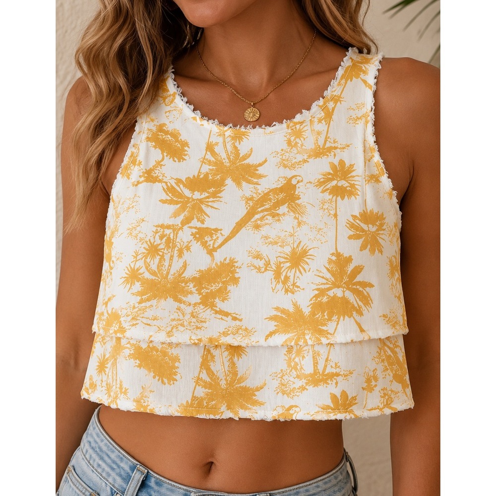 Le Lis Tropical Crop Tank Top Islandcore Parrot Palm Tiered Boxy Resort Medium